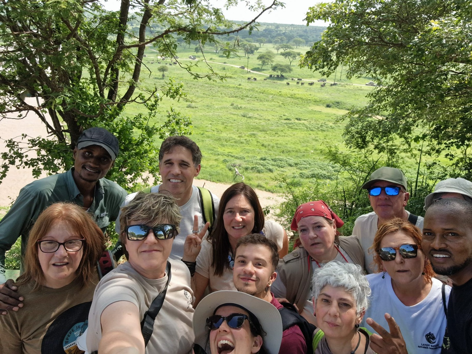 A group photo overlooking the plains of Tarangire